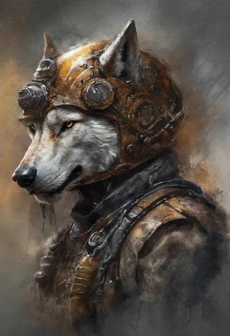 top-quality, Dramatic Lighting, menacing pose, fierce look, epic atmosphere, (((Helmet in the shape of a wolfs head))), (((Full body shot))),Wolves made of metal, cyborgs, Cyberpunk style, Clockwork, ((Intricate details)), nffsw, ((Intricate details, hyper...