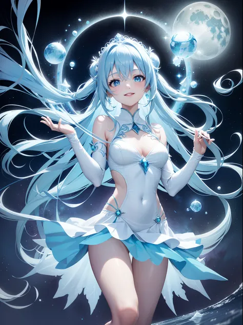 Super Idol　a beauty girl　A charming smile　sky blue hair　length hair　Twin-tailed　Bright green and white costume　Mystical　Fantasia　constellation　a moon　Crystal Brilliance　

Spirit of Polar Light
World of ice and snow
The power of light and magic
Guardian of ...