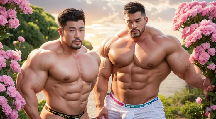 Very handsome，Chinese actor，Stand among the flowers，Surrounded by flowers，short mustache，Wear bright gold thongs，Perfect figure with tattoos, Very huge and strong body, Bulging muscles, musculous, Very large pectoral muscles，Very sexy abs，The legs are musc...