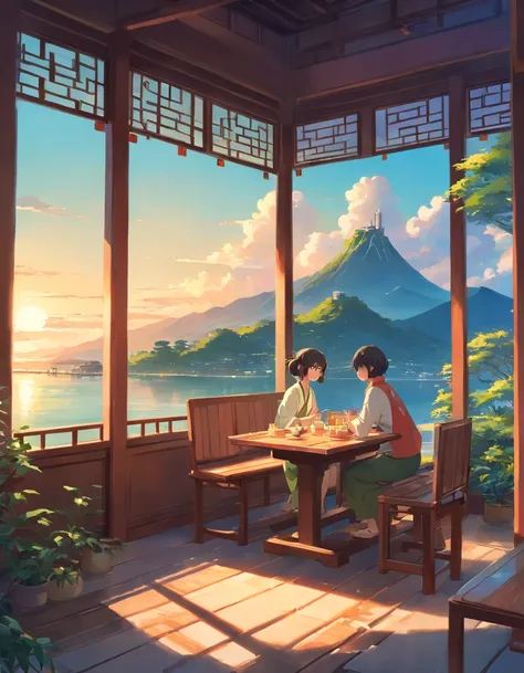 There is a painting，The painting depicts a family sitting at a table, dream scenery art, Zen temple background, Oriental fantasy, landscape artwork, Temple background, background artwork, dreamy scenes, Detailed scenery —width 672, dreamy Chinese towns, or...