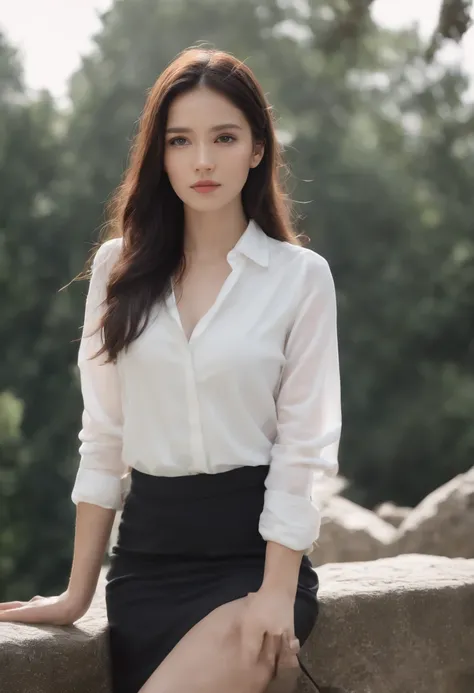 , Visible from the white shirt (((Masterpiece, Highest quality)), , 1 girl, (Photorealistic: 1.4), Solo, White background, Black hair, Long hair, Absolute area, Skirt, ((full bodyesbian)),