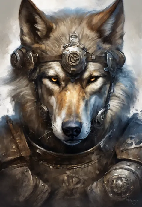 top-quality, Dramatic Lighting, menacing pose, fierce look, epic atmosphere, (((Helmet in the shape of a wolfs head))), (((Full body shot))),Wolves made of metal, cyborgs, Cyberpunk style, Clockwork, ((Intricate details)), nffsw, ((Intricate details, hyper...