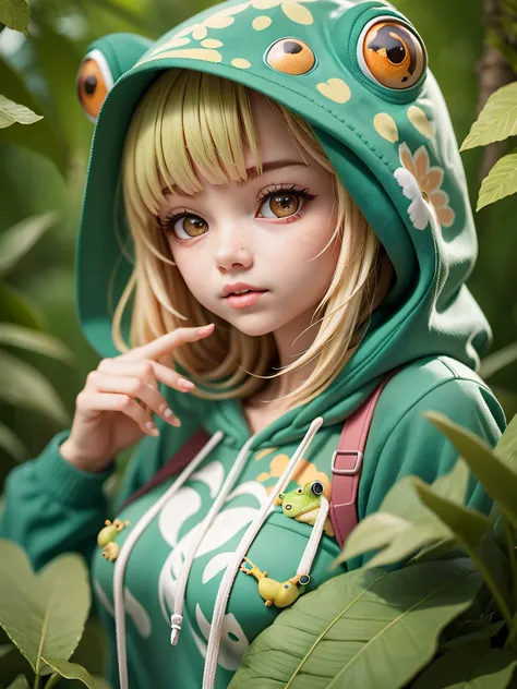 Create artwork featuring a girl wearing a hoodie designed to resemble a tree frog. Imagine a girl in a charming and detailed frog-themed hoodie, Complete with frog eyes and a unique pattern. Catch her in a whimsical outdoor environment, Perhaps in a lush f...