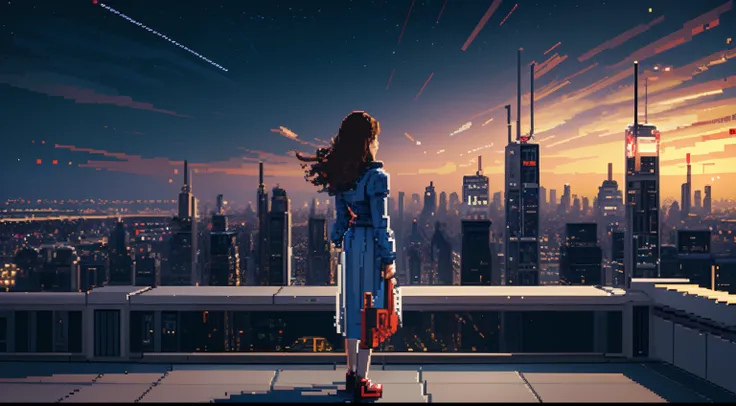 masterpiece, ((best quality:1.2)), wallpaper 8k, ((extremely detailed:1.2)), ((pixel art:1.2)), a girl standing on the building looking at the city midnight view, aesthetic