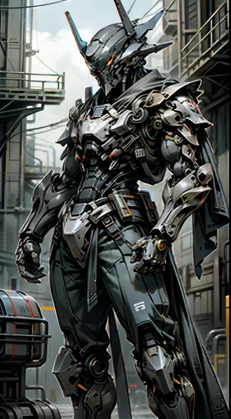 Dark_Fantasy,Cyberpunk,1manMechanical marvel,Robotic presence,Cybernetic guardian, samurai mechanical armour, katana on the waist, absolutely stunning art,wearing a black cloak, highest quality art, highest resolution, hyper detailed,black and red, futuris...