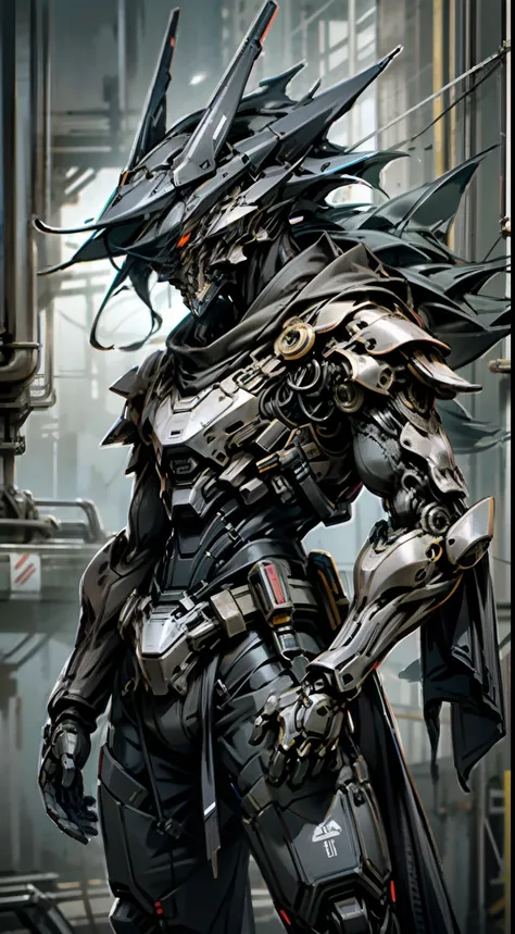 Dark_Fantasy,Cyberpunk,1manMechanical marvel,Robotic presence,Cybernetic guardian, samurai mechanical armour, katana on the waist, absolutely stunning art,wearing a black cloak, highest quality art, highest resolution, hyper detailed,black and red, futuris...