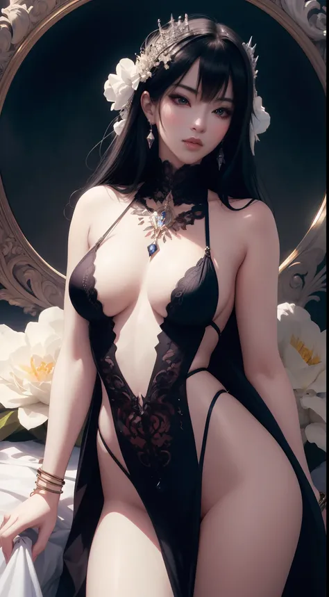 Fix cubital fossa, sexy  woman in lingerie posing in front of a mirror, (beautiful fantasy queen), captivating anime girl, Guweiz, Guweitz-style artwork, beautiful and charming anime woman,  goddess, [4k digital art]!!, captivating breasts. Extremely detai...