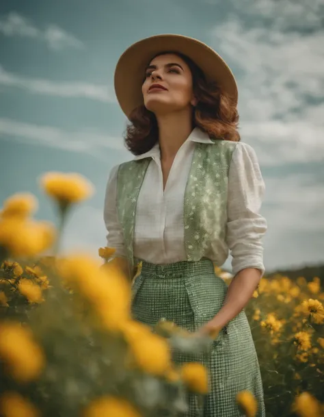 woman wearing white and green retro checkered clothes, yellow flowers on clear sky background, low angle shot, medium shot, high quality photo