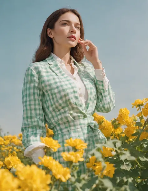 woman wearing white and green retro checkered clothes, yellow flowers on clear sky background, low angle shot, medium shot, high quality photo