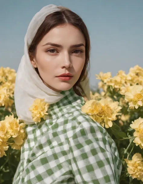 woman wearing white and green retro checkered clothes, yellow flowers on clear sky background, low angle shot, medium shot, high quality photo