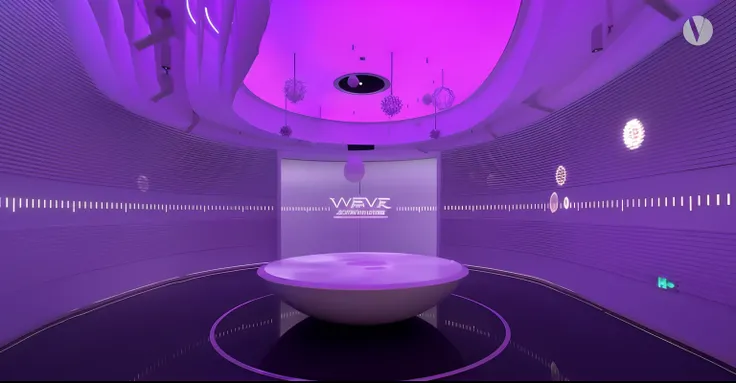 Allafard room with round table and purple light, supernova inside facility, brightly lit purple room, purple volumetric lighting, virtual metaverse room, stood inside a futuristic lab, inside a science facility, show room scene, purple ambient light, purpl...