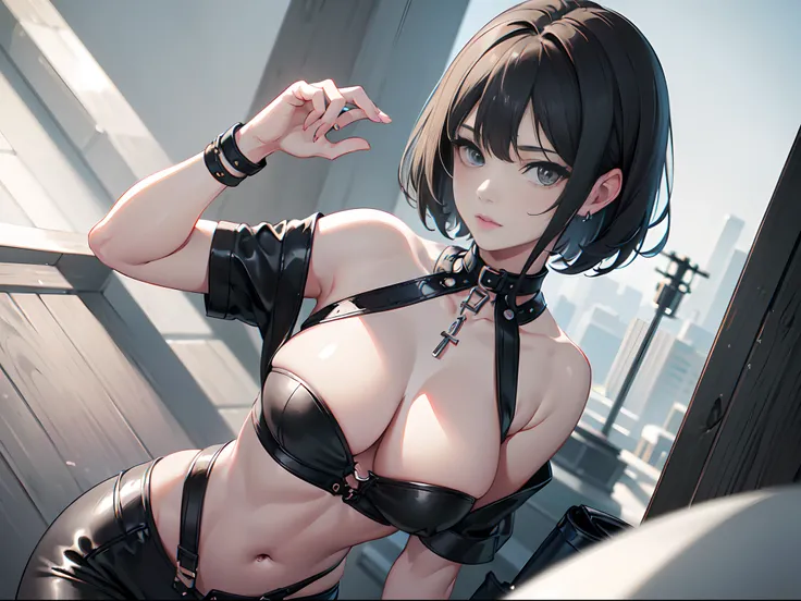 (best quality,4k,8k, high resolution, masterpiece:1.2),ultra-detailed, realistic, sexy grey-eyed girl looking at the viewer with her short grey hair flowing, medium-sized breasts, and leather collar around her neck.