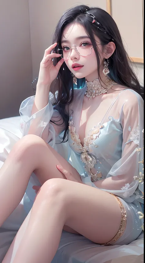 1girll,（enchanced quality：1.4），（Top quality true texture skin), Delicate face,Black hair, Gradient hair, Petite body,（perfect bodies：1.1）, There are precious stones on the forehead, rimless eyewears, Sparkling pupils，long eyelasher,grin, hyper photorealism...