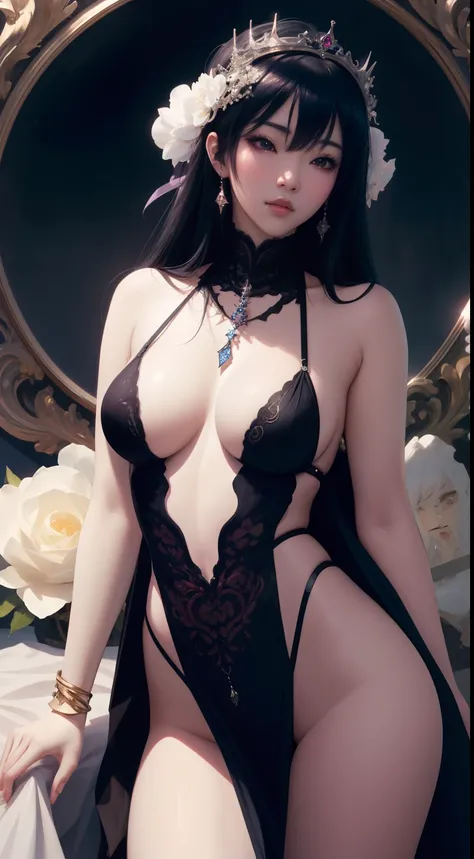 Correcting the elbow fossa, Sexy woman in lingerie posing in front of mirror, (beautiful fantasy queen), A seductive anime girl, guweiz, artwork in the style of guweiz, Beautiful and attractive anime women,  Goddess, [4K Digital Art]!!, Seductive breasts. ...