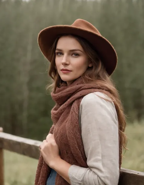 woman in a prairie hat and a scarf leaning on a fence, in the style of calm and meditative, whistlerian, eco-friendly craftsmanship, alex hirsch, strong emotional impact, i cant believe how beautiful this is, pastoral, upper body