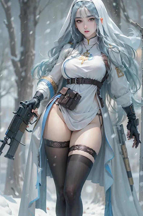 Photorealistic, high resolution, Beautiful tall woman, Solo, Hips up, view the viewer, (Detailed face),Pale blue hair, Long hair, Young nun costume, Stockings，Snow background, Girl aiming AK-47 assault rifle