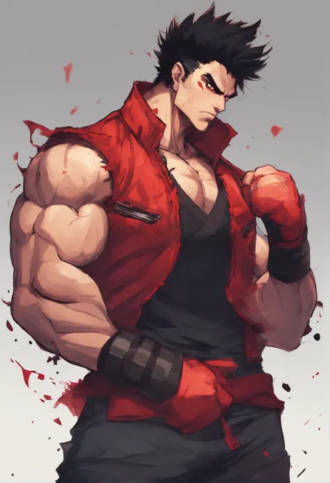 muscular anime man with jet-black spiky hair that has red streaks, sharp crimson eyes, and a sleeveless leather jacket over a black tank top. He wears fingerless gloves and combat boots, exuding a rebellious aura.