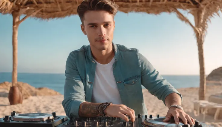 young man plays a dj, plays music with both hands gracefully, dances to the music, bright colors, 8k lens, harmonious seascape background, tattoos, wears a lot of jewelry, has a radiant smile