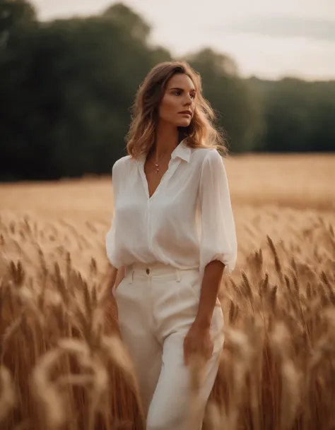 a woman in a white blouse and pants standing in a wheat field, in the style of gossamer fabrics, asymmetrical balance, y2k aesthetic, luminous hues, flowing fabrics, anja millen, kitsch and camp charm, upper body