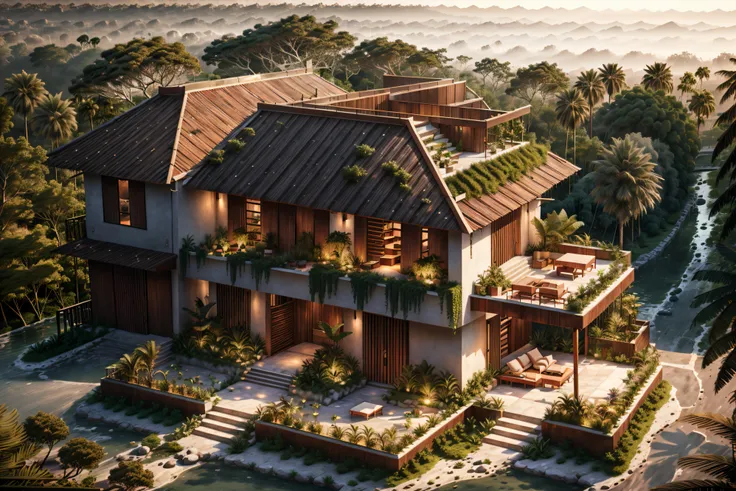 Boho style, luxury jungle villa with roof garden, glass villa with a sloping roof, modern, dynamic (RAW photo, real, best quality, masterpiece:1.2), (hyper realistic, photo-realistic:1.2), high quality, (dark lighting:1.2), perfect lighting, archdaily, awa...