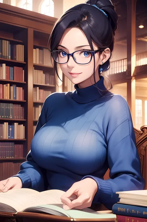 a beautiful women (( librarian, glasses, reading a book )), (( library background)), sitting on chair , perfect body figure, blu...