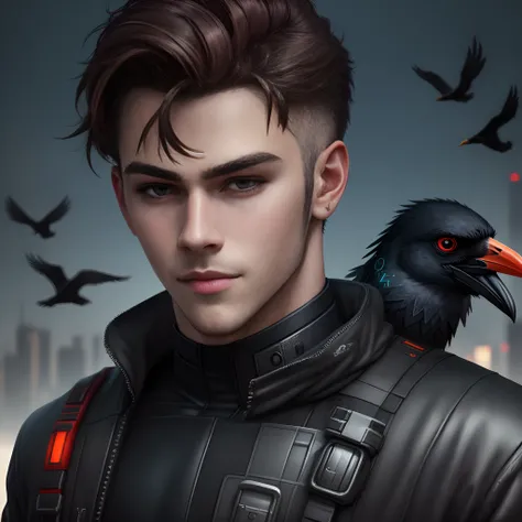 Change background cyberpunk handsome boy, ultra realistic face,crows in the back,8k