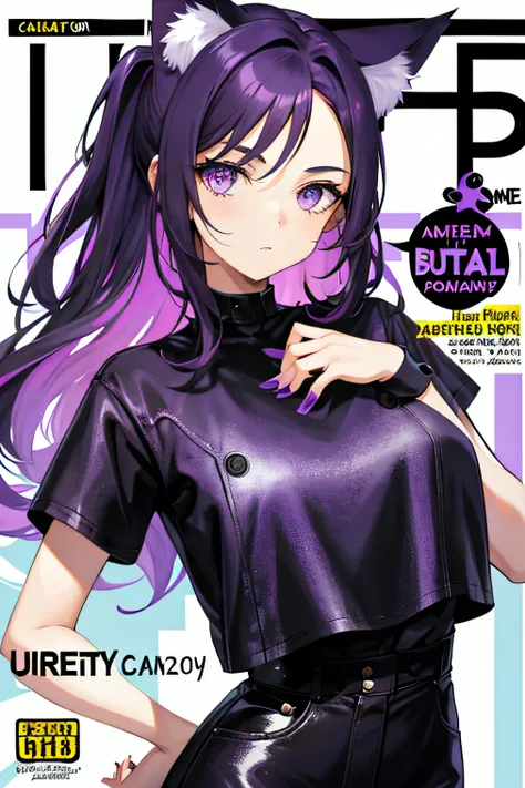 1girll， beuaty girl， cabelos preto e longos， Cat ears， comma hair， Comma hair on the forehead， Street style， brightly， Purple eye， looking at viewert， The upper part of the body， Megazine cover， Best quality at best， Spectacular