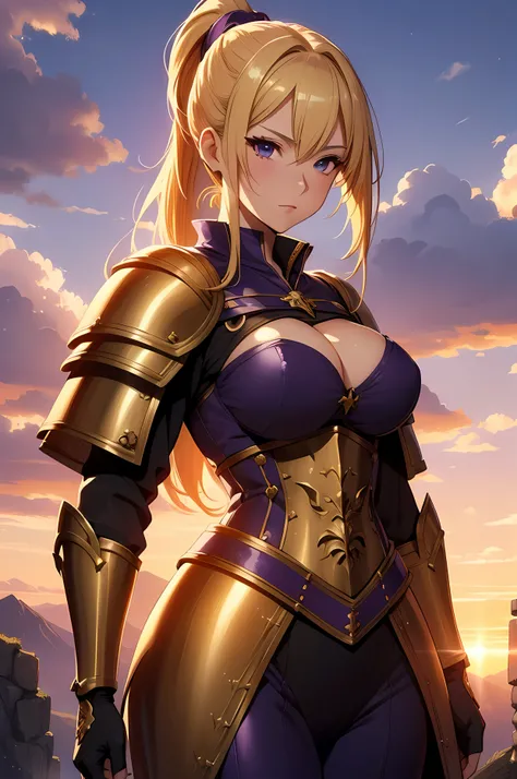 A beautiful woman, ((medieval clothe, medieval chest armor)), very big breast, very big ass, perfect figure, Tachibana Omina art style, top of the mountain, blond color hair, ponytail hairstyle, 1girl, masterpiece, extremly detailed, (beautiful detailed gl...