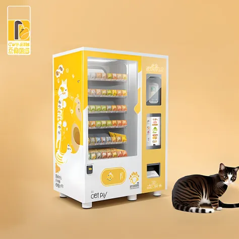 pets，Cat food，Cat canned cat treats and other elements，Or vending machines related to products such as cats， The panel is centered， Official product image，The upper large screen is the advertising screen，The small place that protrudes from the front is the...