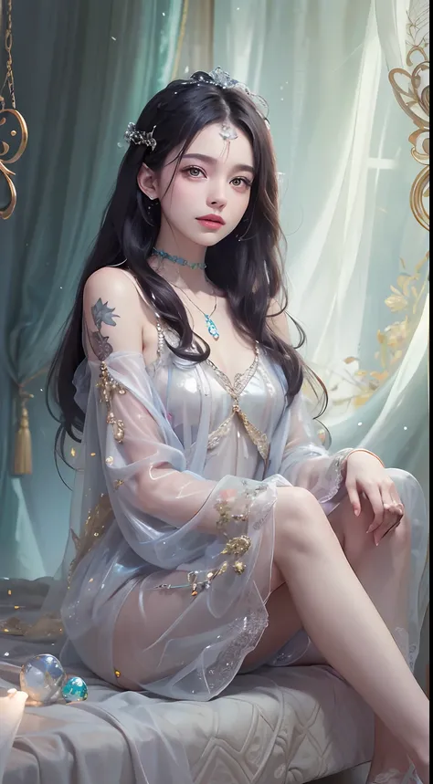 1girll,（enchanced quality：1.4），（Top quality true texture skin), Delicate face,Black hair, Gradient hair, Petite body,（perfect bodies：1.1）, There are precious stones on the forehead, rimless eyewears, Sparkling pupils，long eyelasher,grin, hyper photorealism...