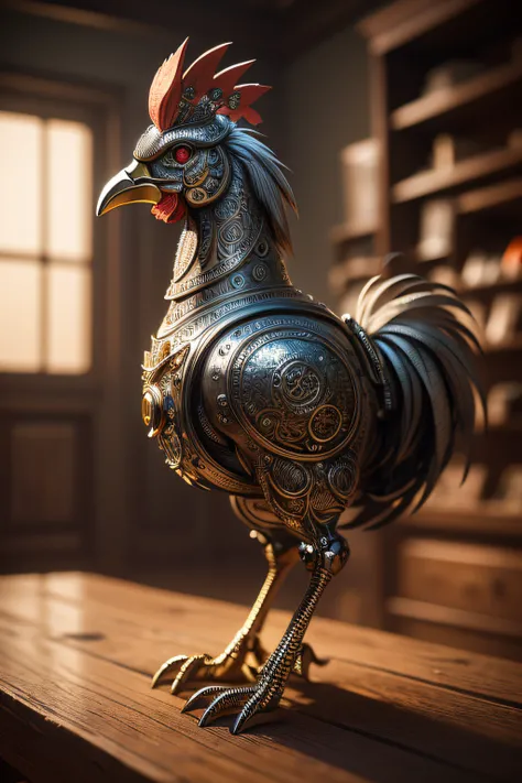 a cute rooster made out of metal, (cyborg:1.1), ([tail | detailed wire]:1.3), (intricate details), hdr, (intricate details, hyperdetailed:1.2), cinematic shot, vignette, centered