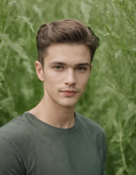 portrait of young and beautiful men,22years, fanatical face, in green field on sharp focus background, Studio Photography, intricate details,highly detailed, Esmaltado,mysterious lighting, upper body