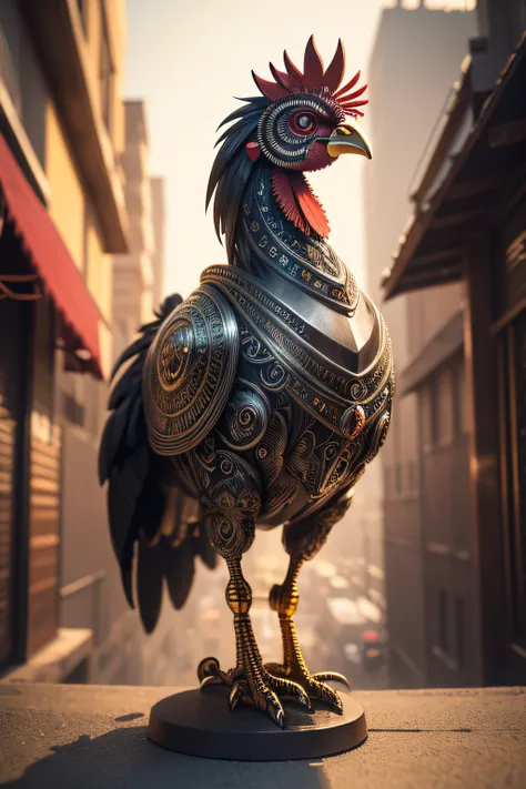 a cute rooster made out of metal, (cyborg:1.1), ([tail | detailed wire]:1.3), (intricate details), hdr, (intricate details, hyperdetailed:1.2), cinematic shot, vignette, centered