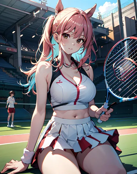 1 female tennis player，One guy，White shirt，Red skirt，White socks，dual horsetail，(vibrancy:1.3)、Tennis racket in hand，dynamicposes，(stadio:1.5)、closeup cleavage、RAW photography, top-quality, A high resolution, (tmasterpiece), (Photorealsitic:1.4),foco nítid...