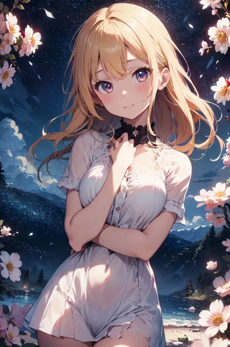 (8k, top-quality, ​masterpiece:1.2, nsfw),Cutest,Cute girl,mesugaki, Beautiful face,Beautiful eyes,Beautiful hair,blonde hair, Lots of flowers,