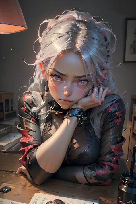 (best quality,4k,highres,masterpiece:1.2),beautiful detailed pink skin,deep and red eyes like the night sky,(sad expression, gloomy expression) on the face leaning on the table,grey hair, looking at you,(semi-realistic, anime) art style.