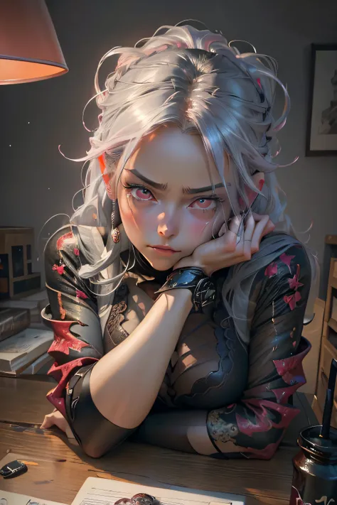 (best quality,4k,highres,masterpiece:1.2),beautiful detailed pink skin,deep and red eyes like the night sky,(sad expression, gloomy expression) on the face leaning on the table,grey hair, looking at you,(semi-realistic, anime) art style.