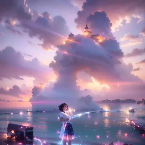 a girl standing on a pier with a hose in the water, in the style of makoto shinkai, cyril roland, makoto shinkai. - h 2160, mako...