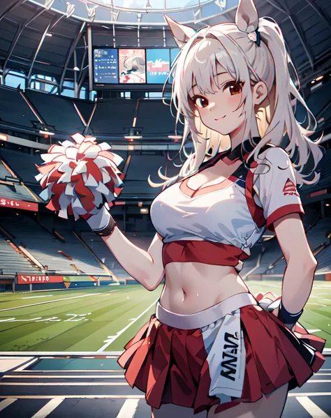 1 female cheerleader，One guy，White shirt，Red skirt，White socks，dual horsetail，(plumw:1.3)，ssmile，dynamicposes，Cheerleading pompom in hand，(stadio:1.5)、closeup cleavage、RAW photography, top-quality, A high resolution, (tmasterpiece), (Photorealsitic:1.4),fo...