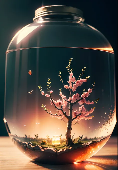 Inside the glass bottle is a peach tree，Frontal photo，Photographic grade，Dynamic surrealism, High detail, cubismo, god light, Vignetting, Glowing light, hyper HD, Masterpiece, ccurate, Super detail, High details, High quality, Best quality, A high resoluti...