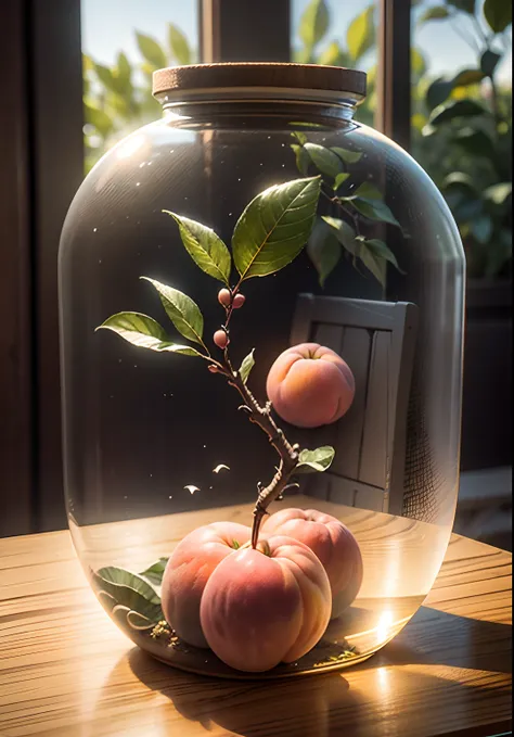 Inside the glass bottle is a peach tree，Frontal photo，Photographic grade，Dynamic surrealism, High detail, cubismo, god light, Vignetting, Glowing light, hyper HD, Masterpiece, ccurate, Super detail, High details, High quality, Best quality, A high resoluti...