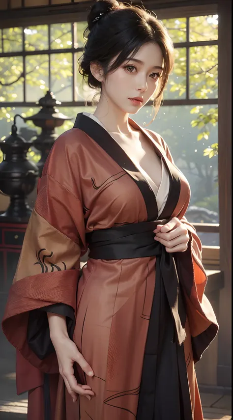 photorealistic, high resolution, 1women, mature female, solo, hips up, black hair, emma \(sekiro\), japanese clothes, kimono, si...