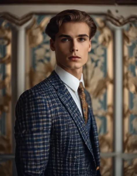 young man in vintage art nouveau style, wearing navy checkered suit, medium close up, white  background, high quality photo