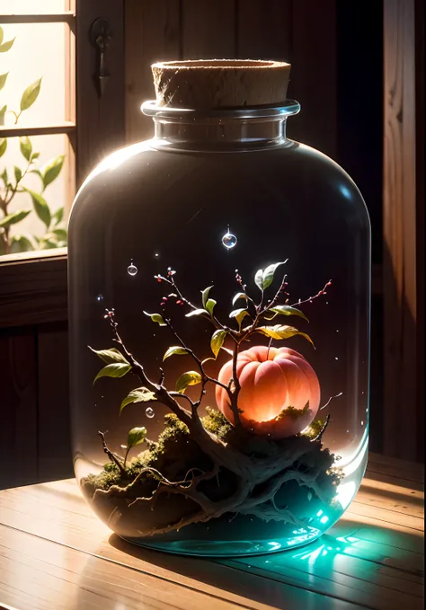 Inside the glass bottle is a peach tree，Frontal photo，Photographic grade，Dynamic surrealism, High detail, cubismo, god light, Vignetting, Glowing light, hyper HD, Masterpiece, ccurate, Super detail, High details, High quality, Best quality, A high resoluti...