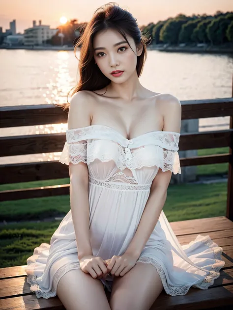 ((top-quality、​masterpiece:1.2、8K、Raw photography、portlate、Reality Photography、Beautiful bright dimming))、(((Bewitching beautiful adult woman、1girl in、22year old)))、Smooth and perfect body、(((NSFW、small areolas、White lace dress、off shoulders)))、((F-cup、sit...