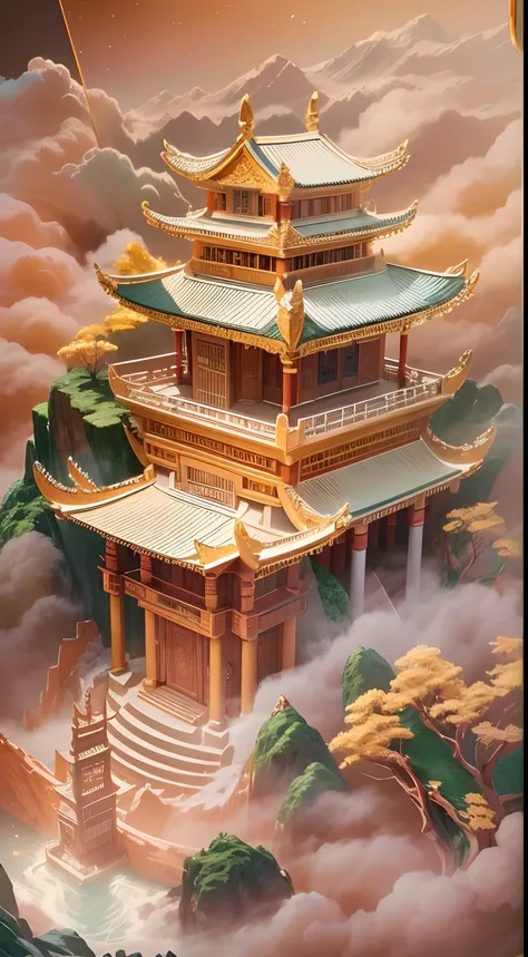 Jade，Gilded mountains，（Paper carving：1.5），Tilt-Shift，（Cloud fog：1.3），viewed from birds-eye，Soft lighting，Oriental elements，Dreamy，white colors，golden colored，Traditional Chinese color scheme，reasonable design，Clear lines，High sharpness，Best quality，Very de...