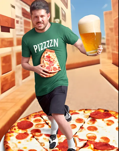 Na imagem, A person is in full motion, running around with a pizza in one hand and a beer in the other.