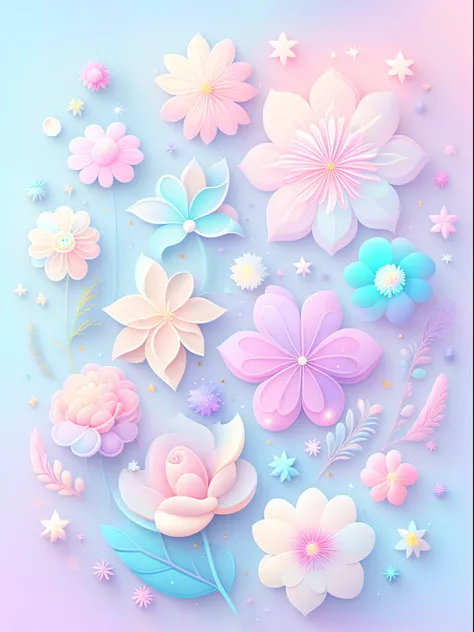 "Various flowers, cartoon illustration, sky in a gradient of pastel colors with twinkling stars. Immerse yourself in a mystical world full of magical elements (weighted at 0.9)."