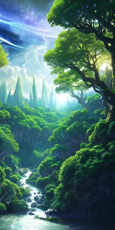 Illustration of a surreal, otherworldly, hyper sky scene including a giant crystal tree full body, highly detailed and magical lighting, intricate forest details, vegetation and surrounding river, solar punk, landscape, giant tree , beautiful green leaves,...