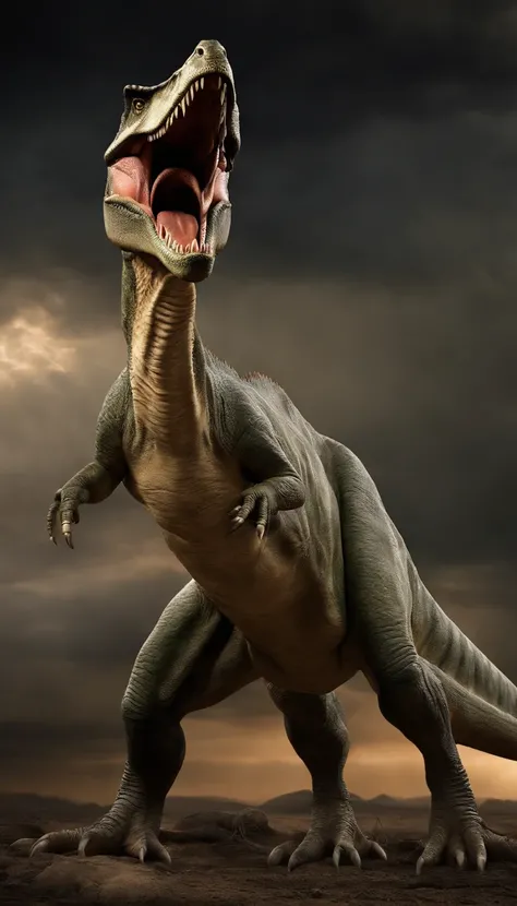 Dinosaurs, characterized by Large head with small teeth; openings in skull above jaws, with fairly short arms and a bipedal gait. As befitting its theropod lineage, its believed that Abelisaurus resembled a scaled-down Tyrannosaurus Rex (masterpiece), (ult...